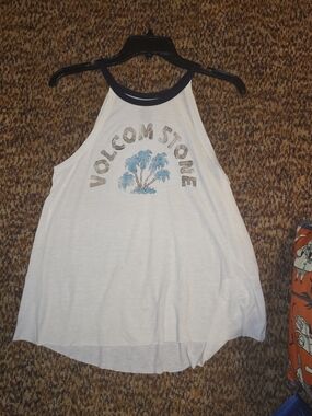 Volcom White Tank Top with Blue Palm Graphic and Black Trim